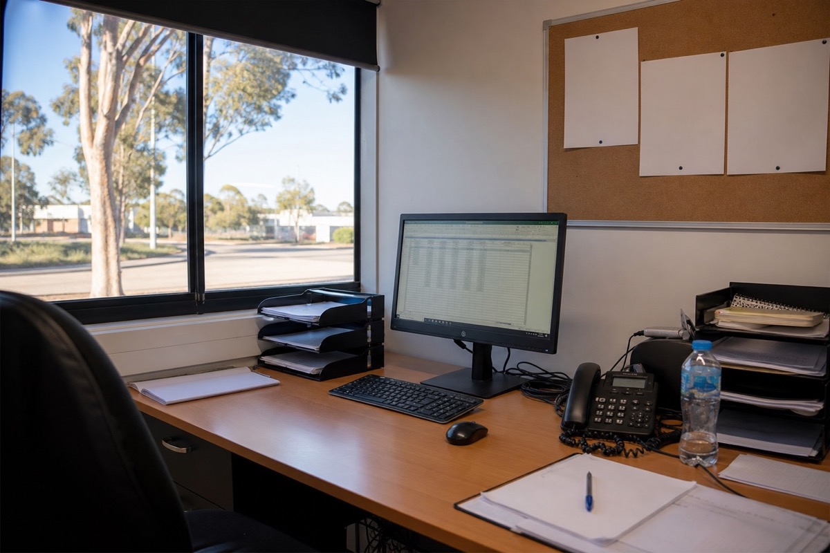 Regional Australian office desk with a computer and window onto a country street