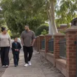 A couple and a child walking along a leafy street beside a school fence in a country town