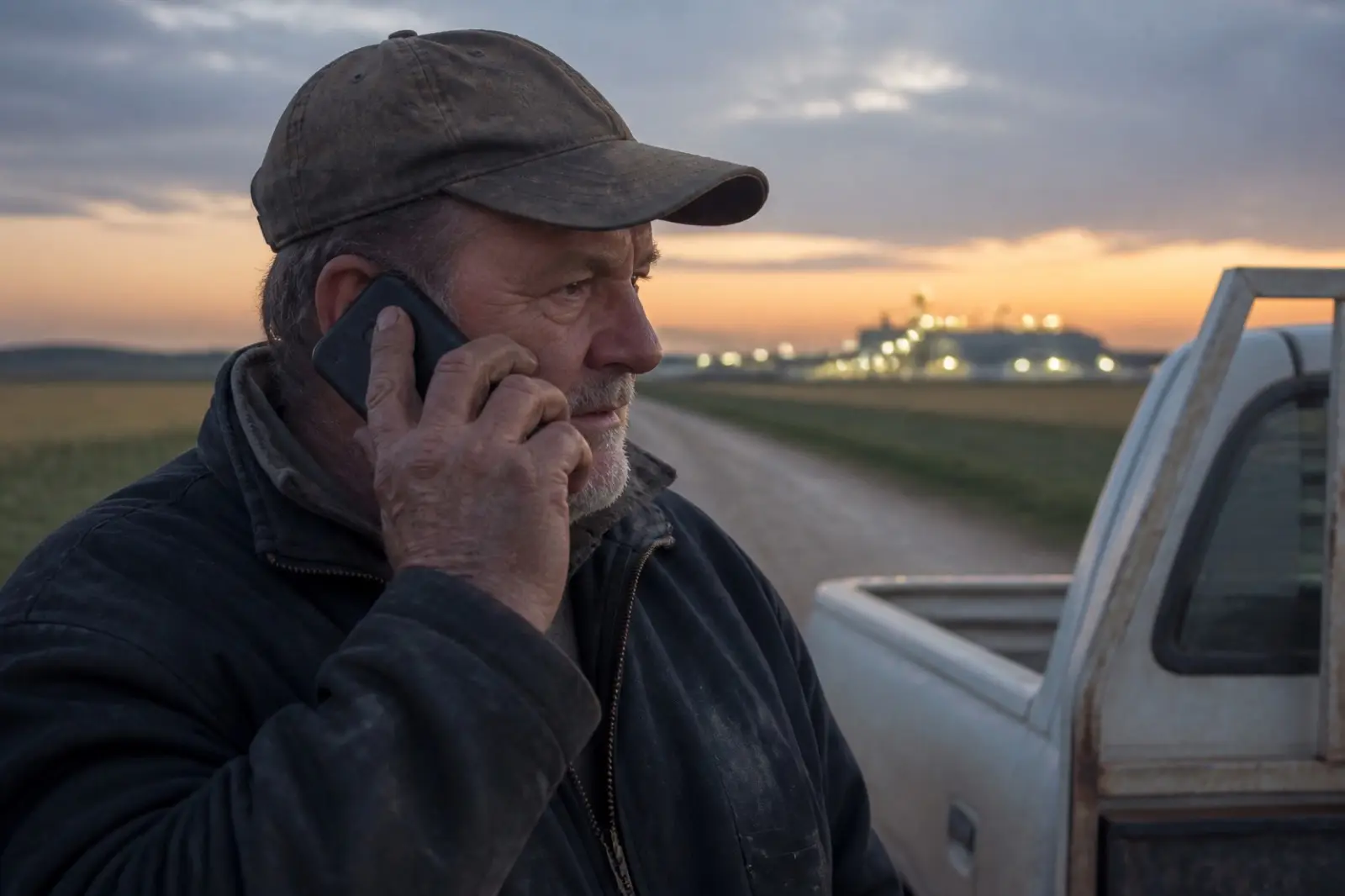 A person beside a farm vehicle on a rural road at dusk, holding a mobile phone