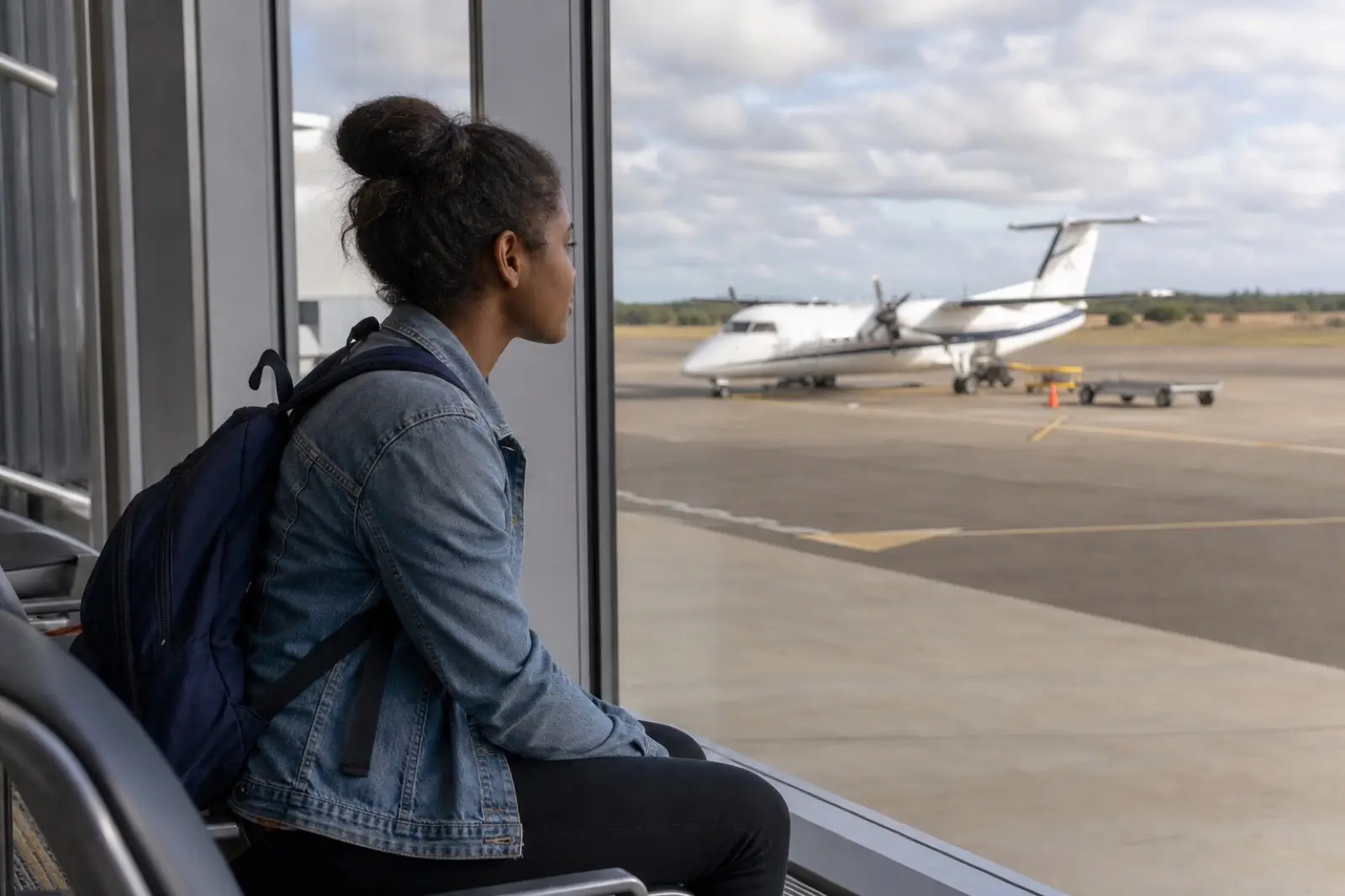A young woman with a backpack sitting in a regional airport terminal looking at a small aircraft