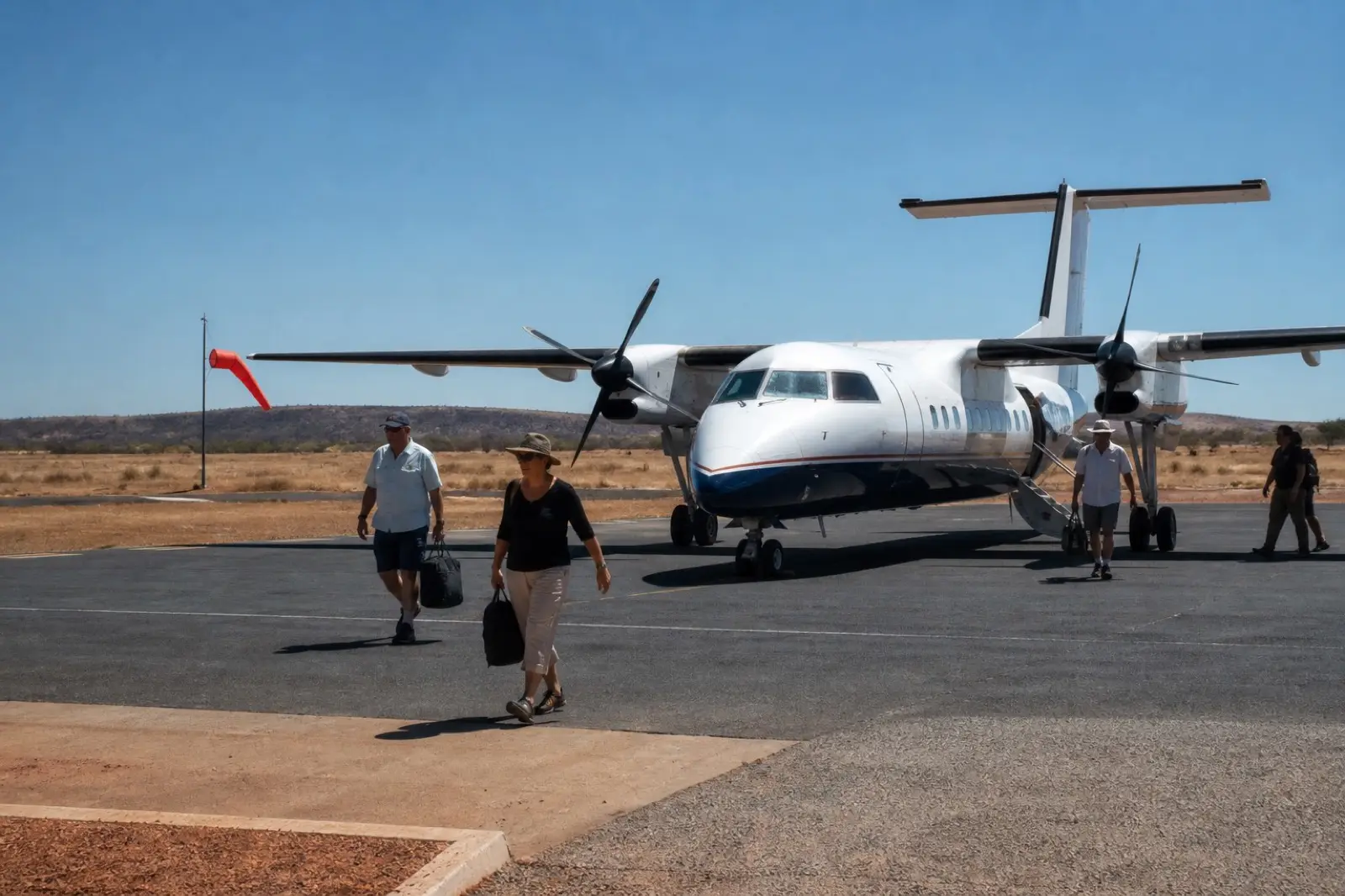 Passengers walking toward a small propeller aircraft on a regional airstrip
