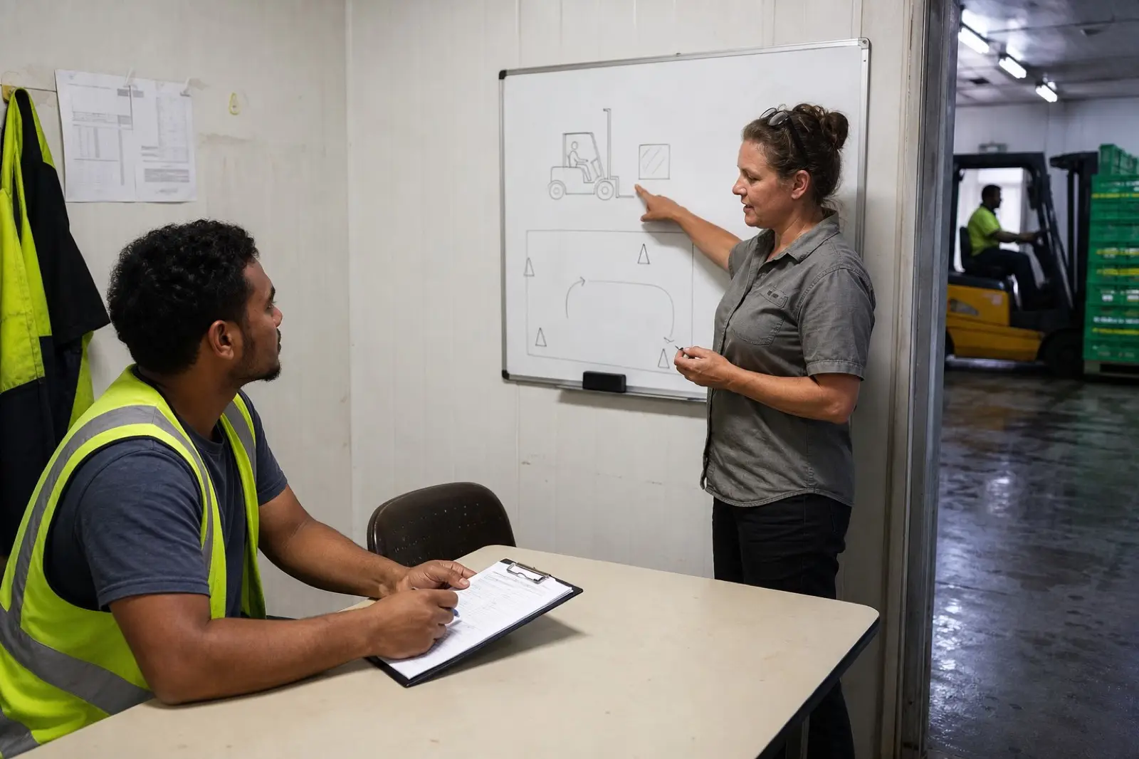 A worker in a high-vis vest in a training room with a forklift visible in a packing shed