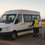 A white passenger van at a rural fuel bowser at dawn with dry paddocks behind
