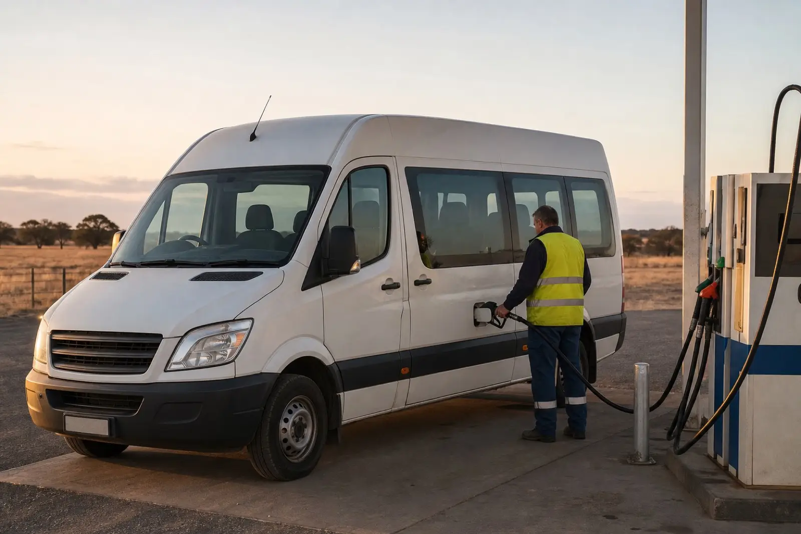 A white passenger van at a rural fuel bowser at dawn with dry paddocks behind
