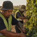 Two men in high-vis vests picking grapes in a vineyard at late afternoon