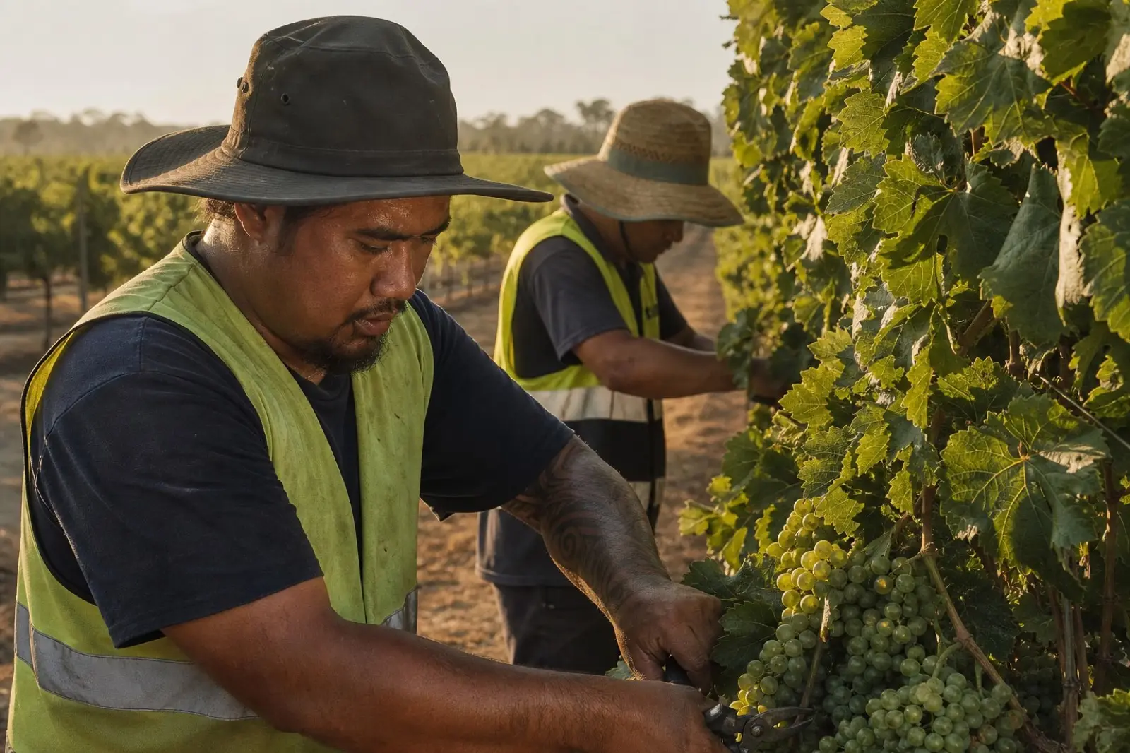 Two men in high-vis vests picking grapes in a vineyard at late afternoon