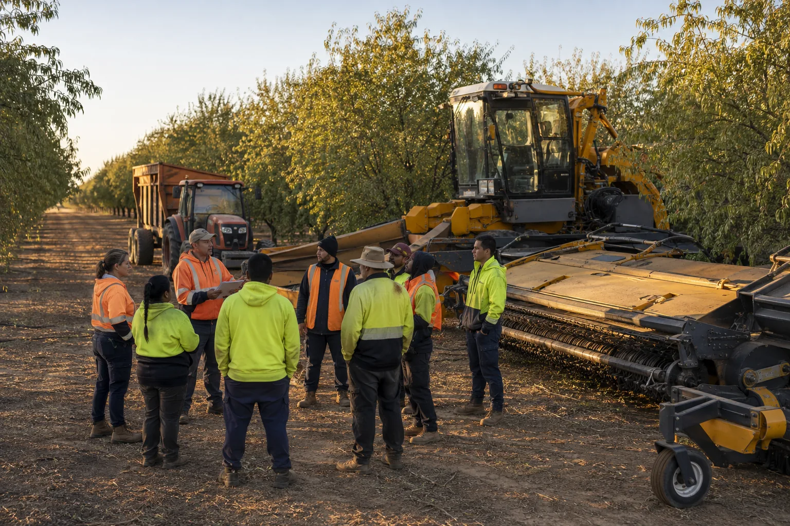 Workers attending a pre-start briefing beside parked almond harvesting machinery and a tractor-trailer