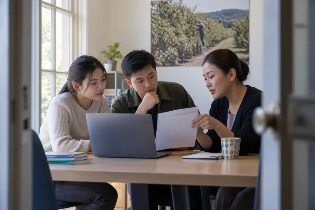 Vietnamese applicants discuss agricultural recruitment with an adviser at a community centre