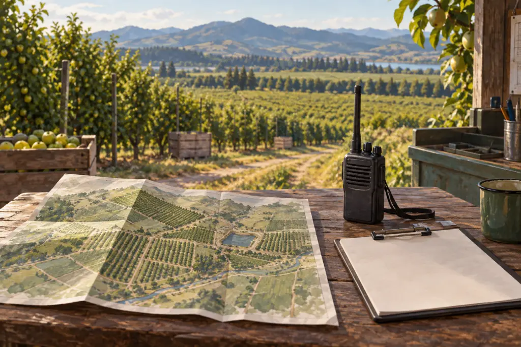 Orchard map, radio and clipboard arranged for farm check-in planning
