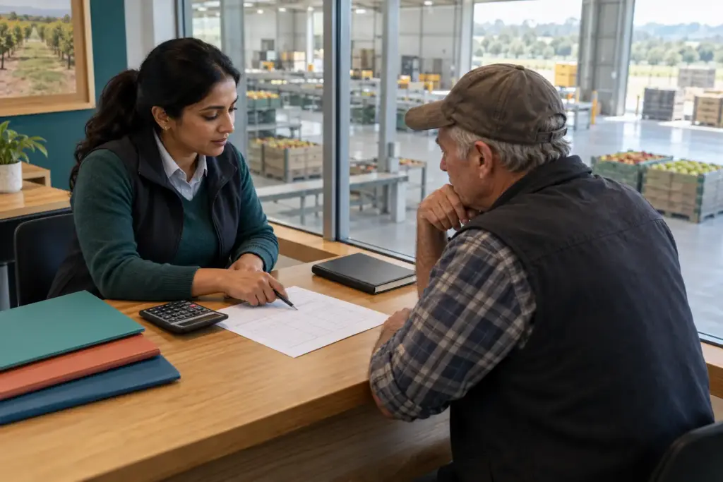 Finance manager and farm owner review a budget beside a packing shed