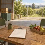 Two chairs at a farm meeting table with a skills checklist and fruit tray