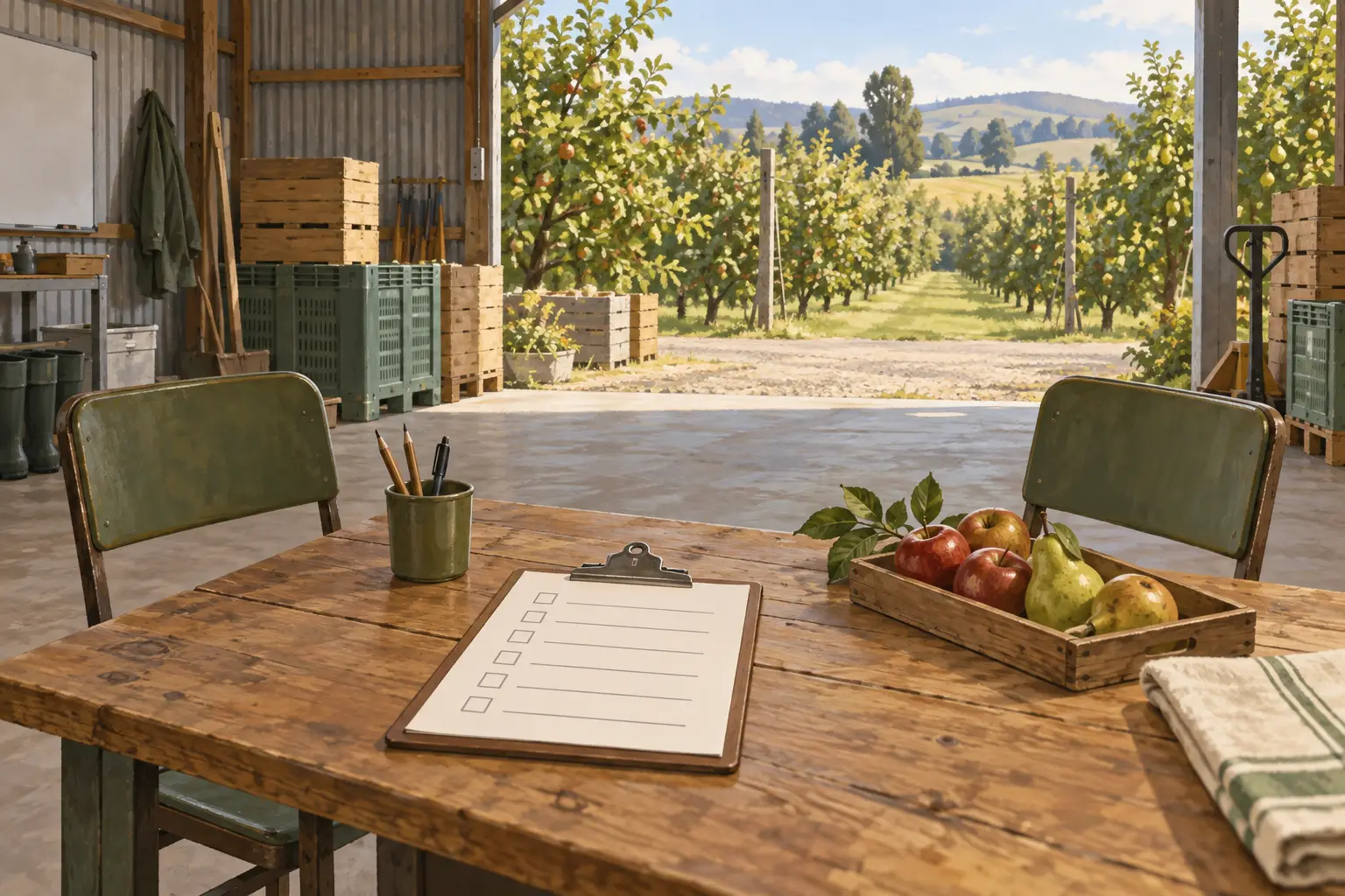 Two chairs at a farm meeting table with a skills checklist and fruit tray
