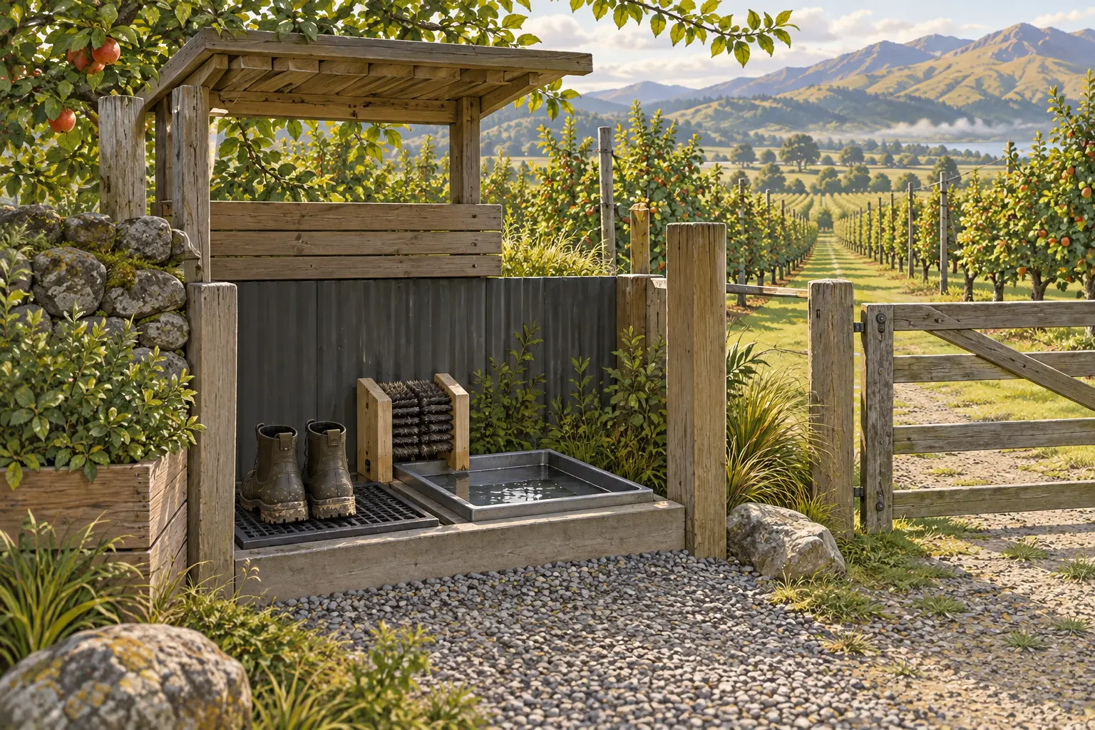 Work boots, brush and wash tray at an orchard entrance