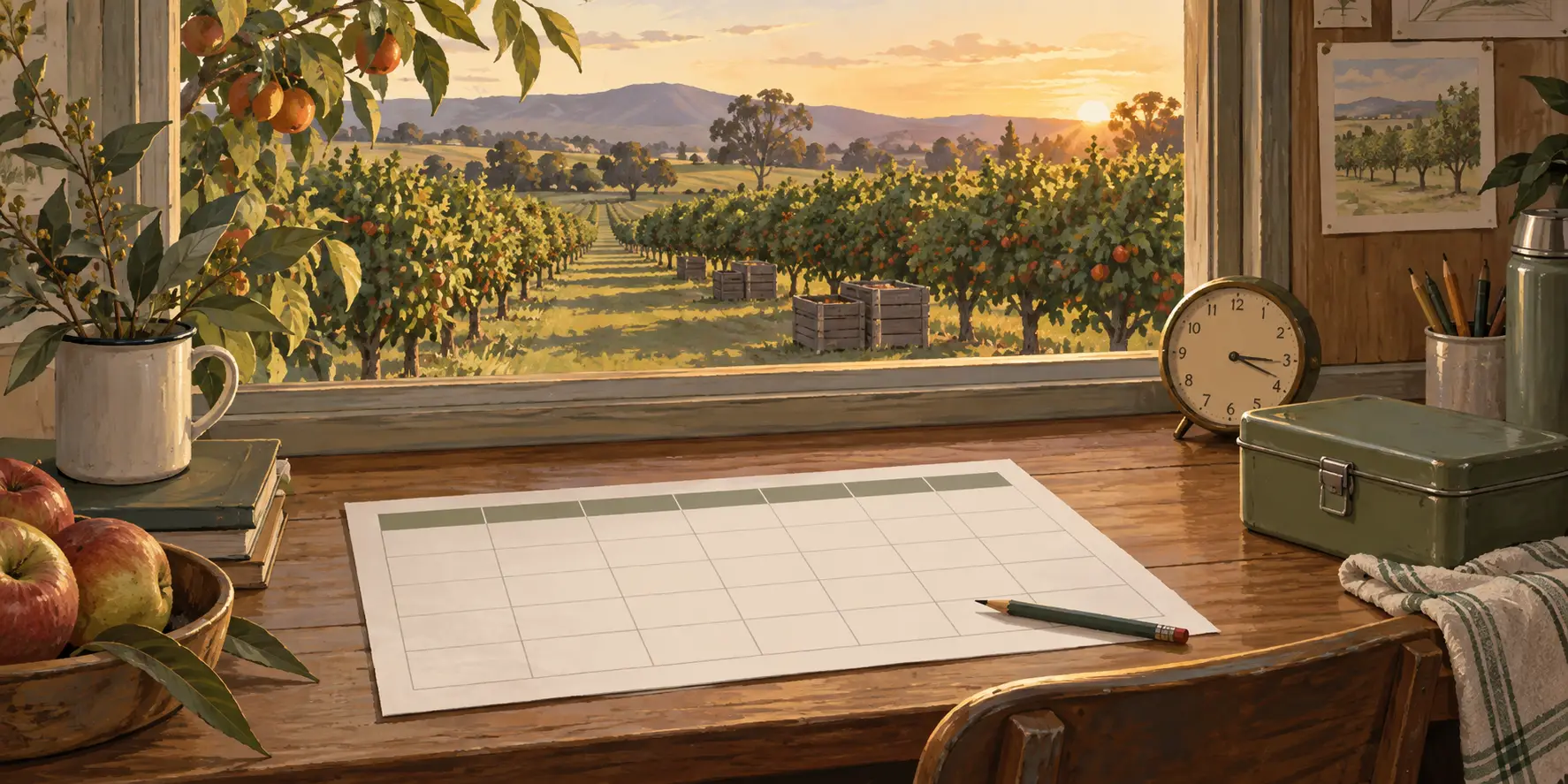 Farm office roster, clock and lunch box overlooking an orchard at dusk