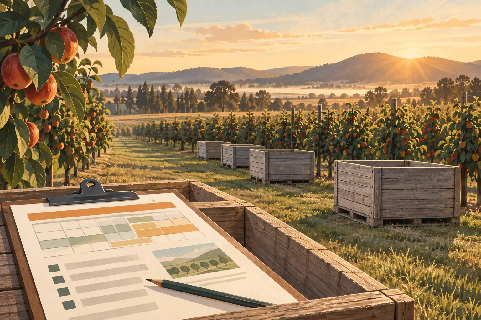 Illustration of empty harvest bins and a planning clipboard beside an Australian orchard.