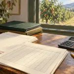 Blank timesheets, folders and a calculator on a farm office desk