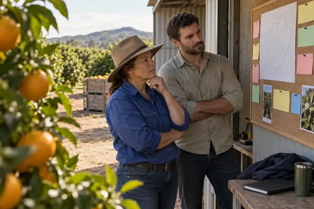 Orchard manager and adviser review a planning board beside citrus trees