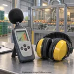 Illustrated sound-level meter and earmuffs on a bench beside a fruit packing line.