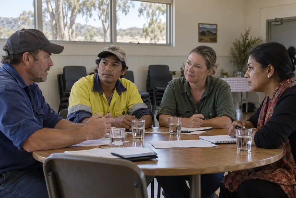 Grower, workers and community representatives discuss workplace arrangements in a regional hall