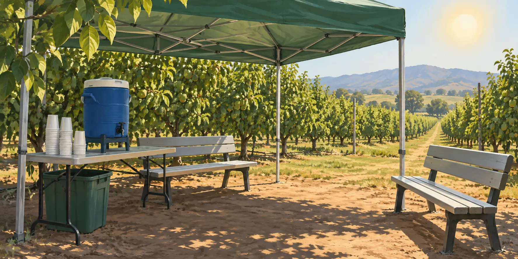 Shaded rest shelter with water dispenser and empty benches beside orchard rows