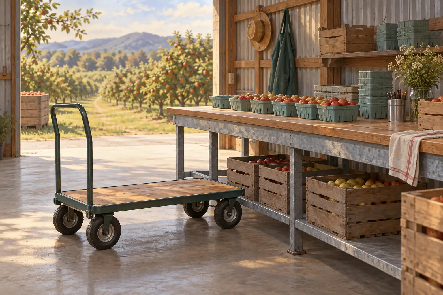 Produce containers on a packing bench beside a platform trolley