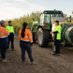 Workers attending a pre-start briefing beside a parked orchard sprayer and tractor