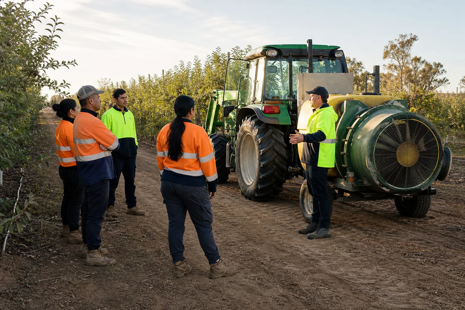Workers attending a pre-start briefing beside a parked orchard sprayer and tractor