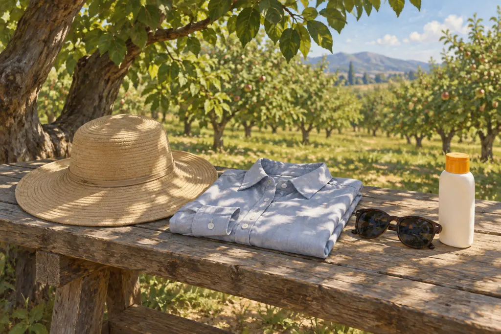 Broad brim hat, collared shirt, sunglasses and sunscreen on a shaded orchard bench