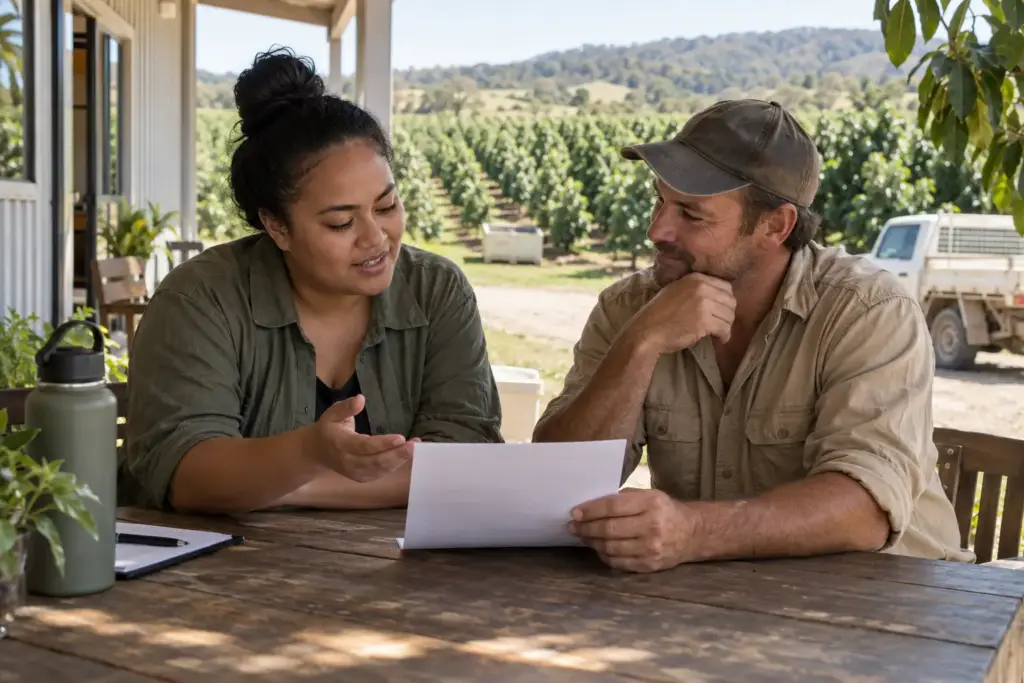 Applicant and farm employer discuss a written job offer on a shaded veranda