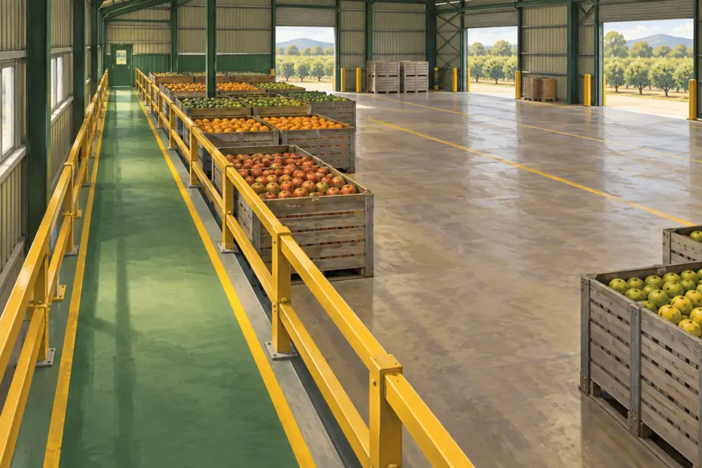 Fixed guard rails separating a pedestrian walkway from a packing-shed loading area