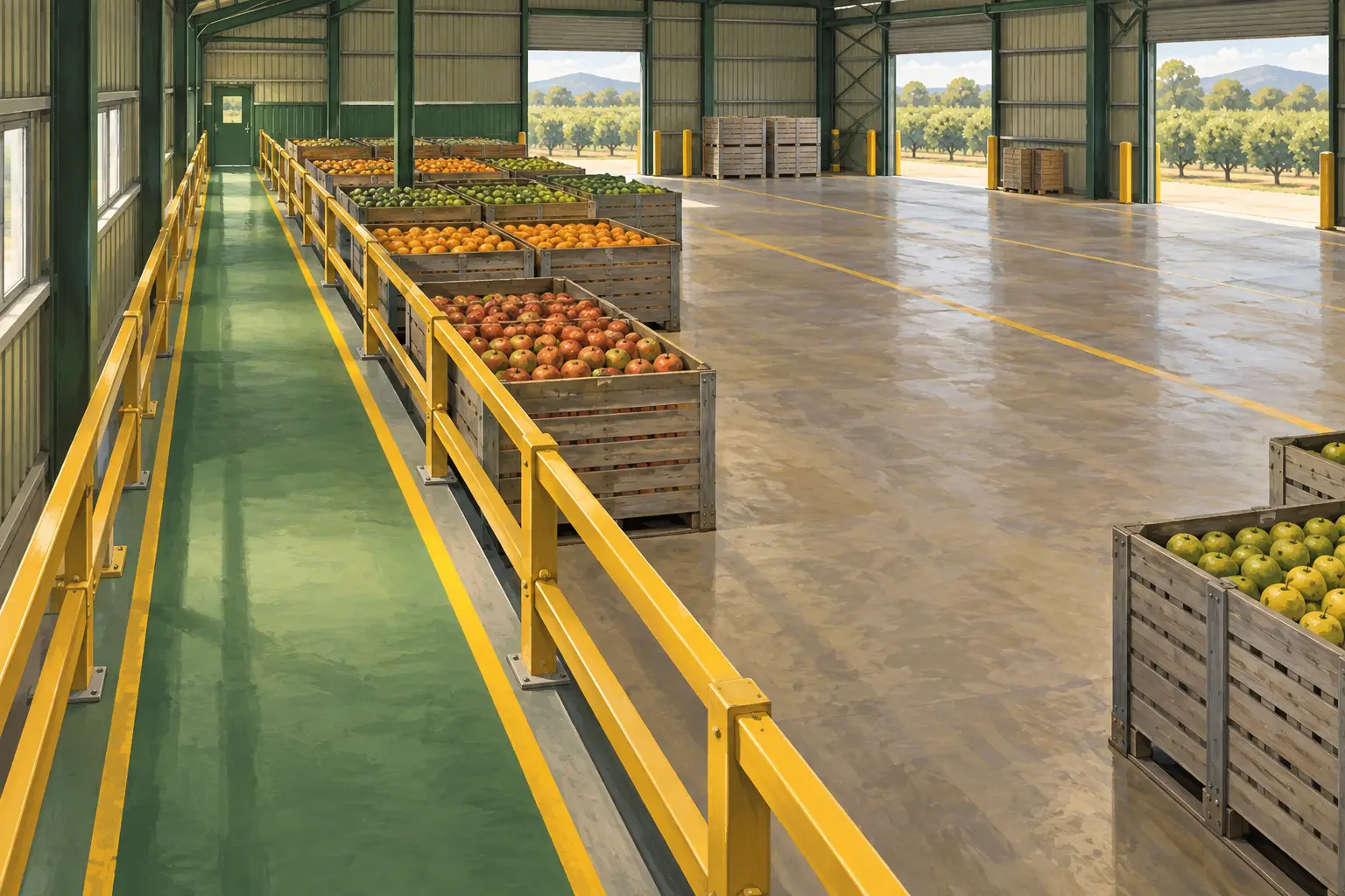 Fixed guard rails separating a pedestrian walkway from a packing-shed loading area