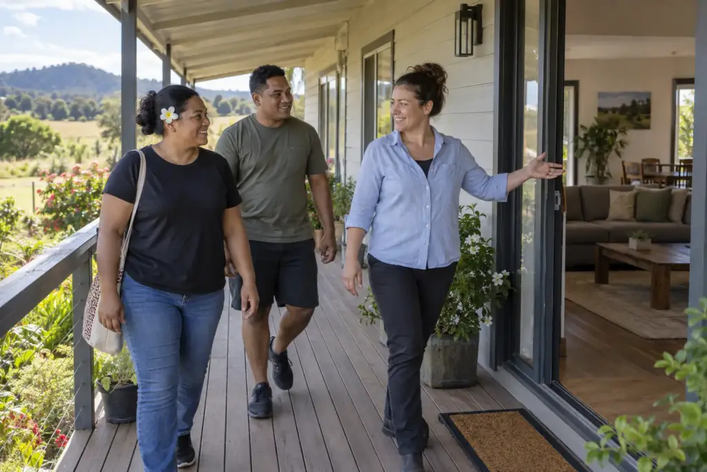 Workers and accommodation coordinator walk along a well-maintained rural house veranda