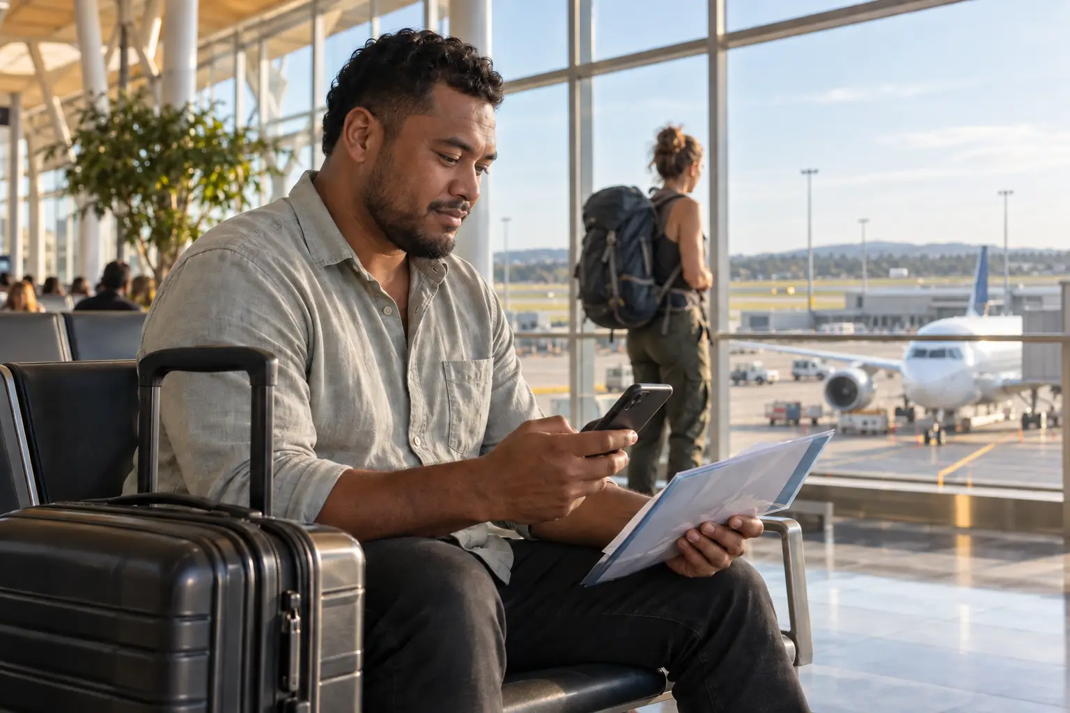 Departing worker checks his phone and paperwork beside a suitcase at an airport