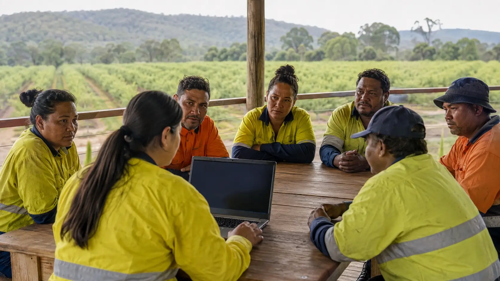 Illustration of farm workers and a coordinator discussing reporting at an orchard