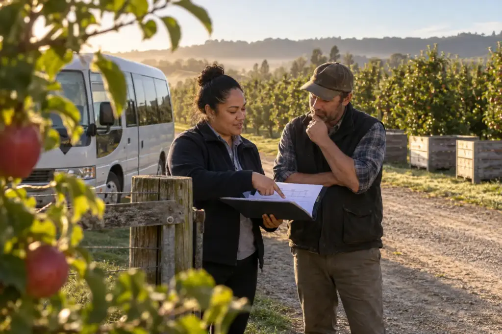 Workforce coordinator and orchard manager review recruitment dates beside a parked minibus