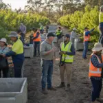 Seasonal harvest workers and supervisors starting work in a Victorian stone fruit orchard