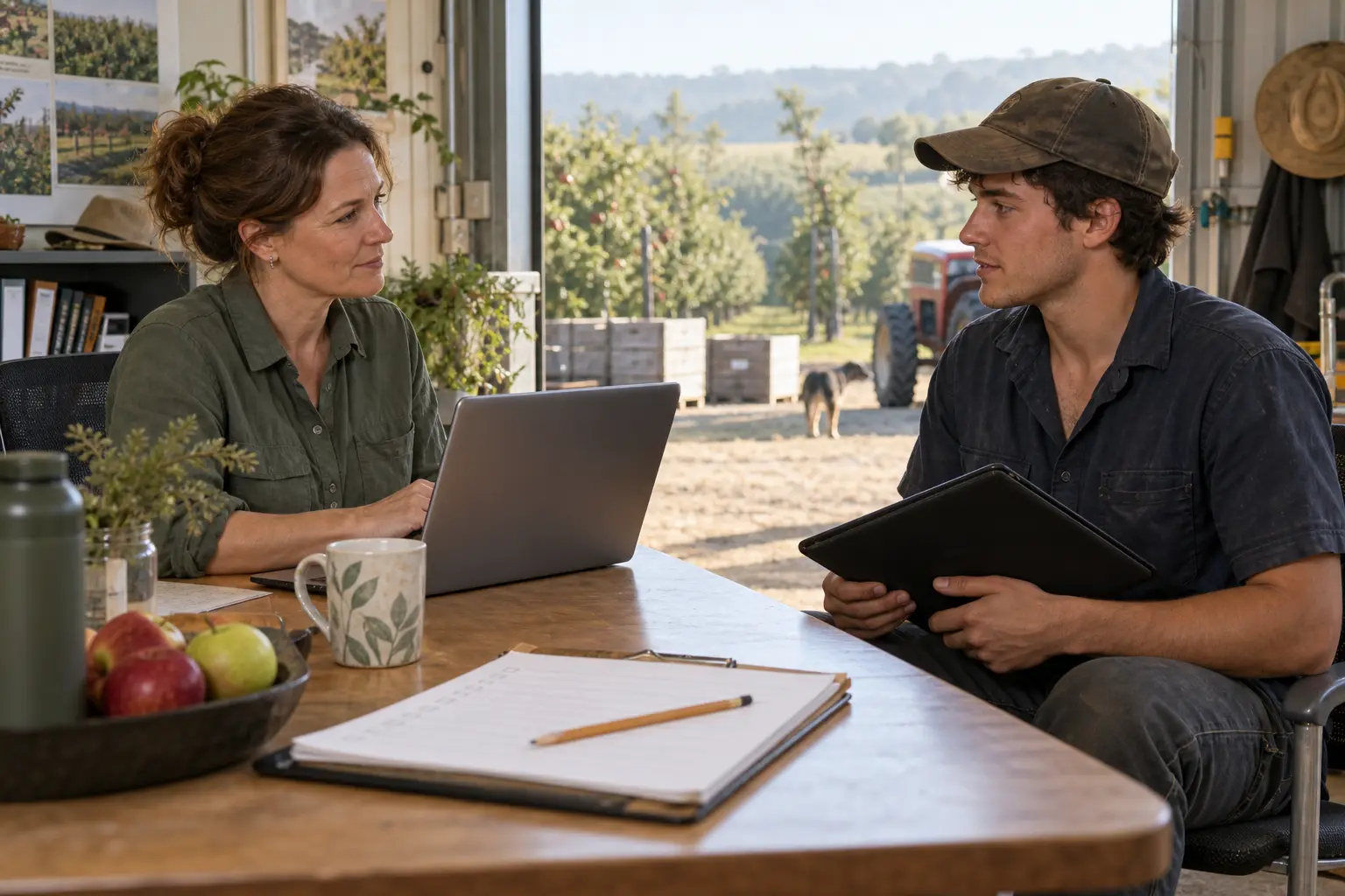 Farm administrator and worker discuss pre-start documents at an orchard office