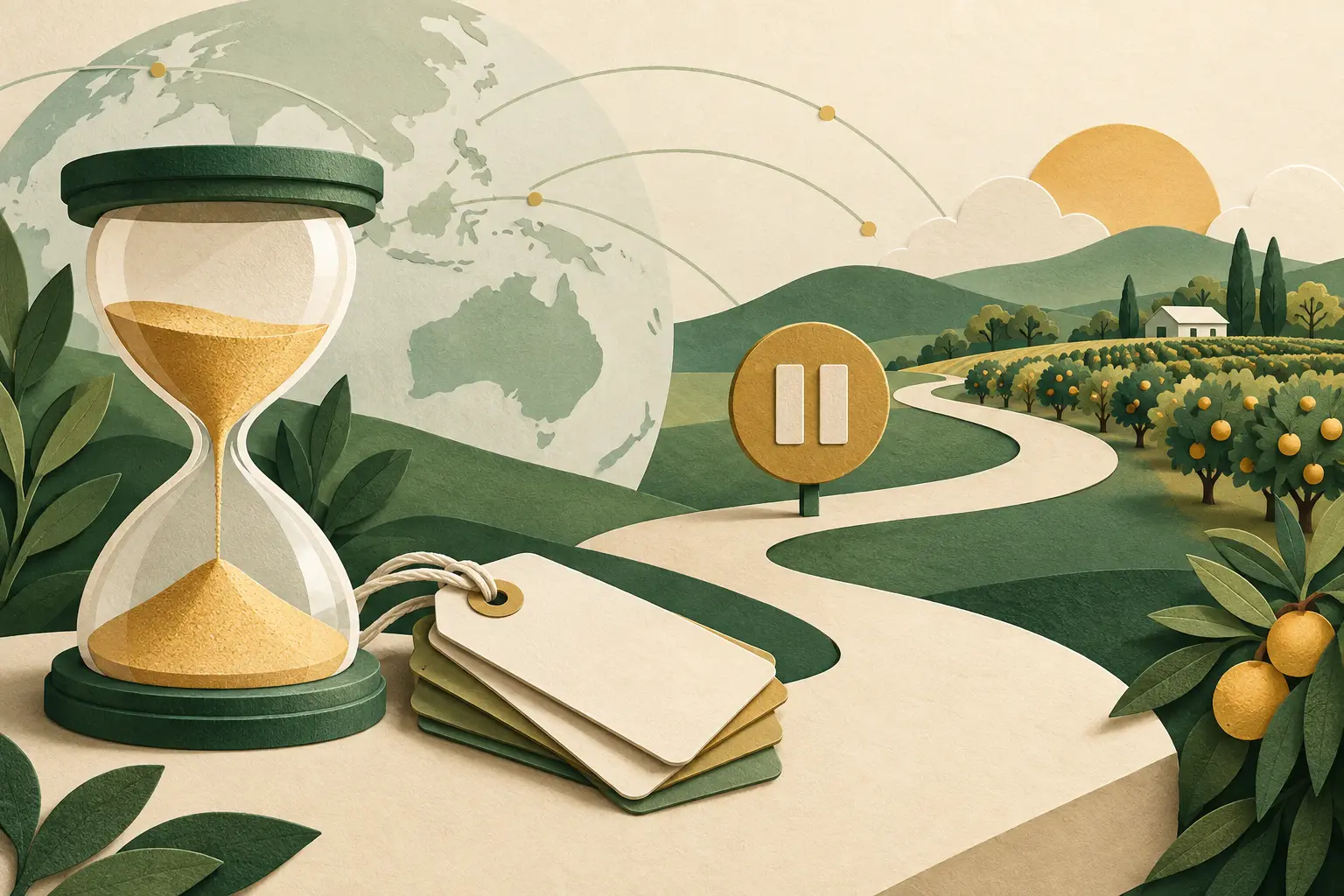 Conceptual illustration of an hourglass, travel tags and a pause symbol along a path towards an orchard.