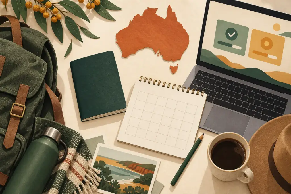Illustration of travel planning materials and a laptop with abstract visa-status tiles.