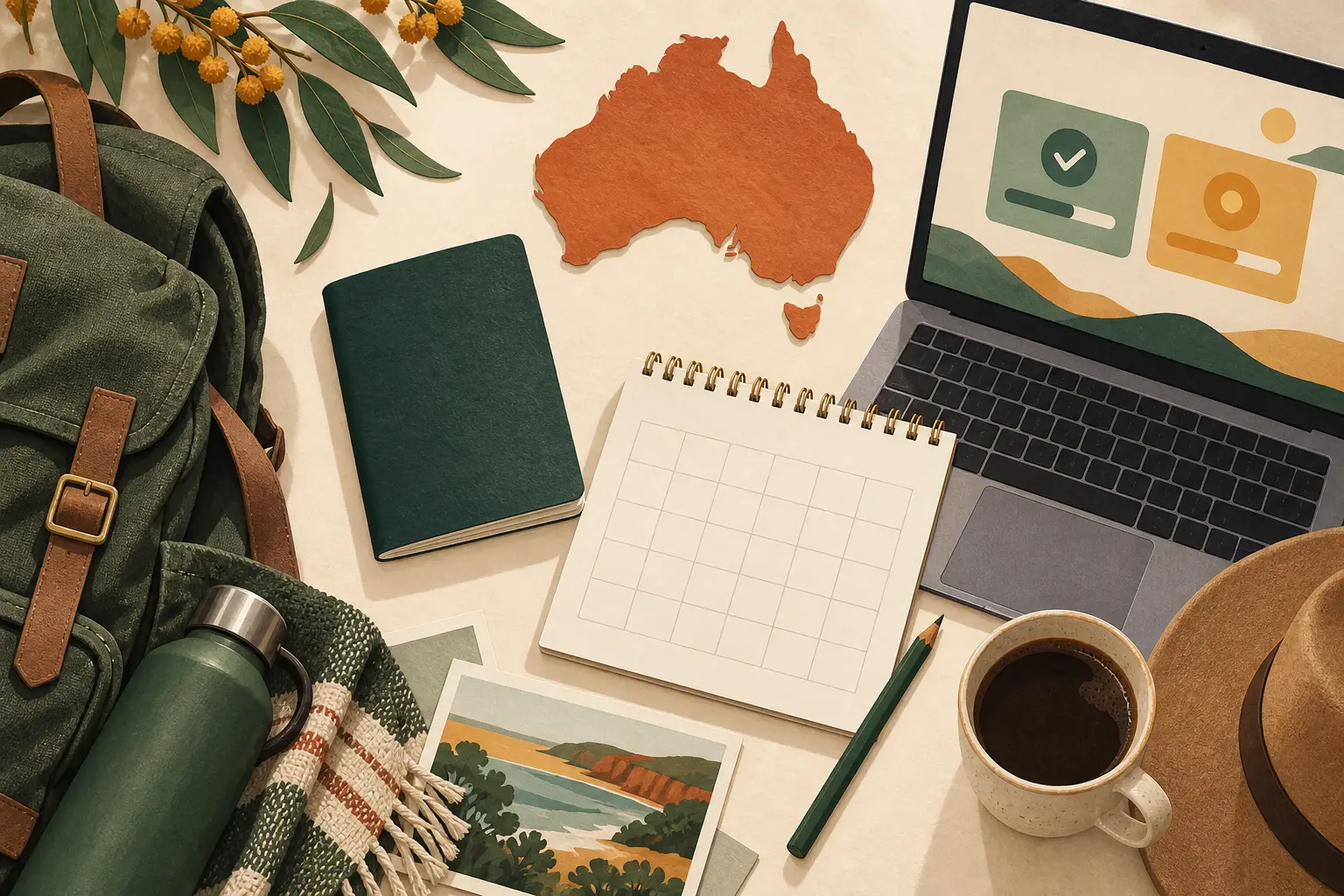 Illustration of travel planning materials and a laptop with abstract visa-status tiles.