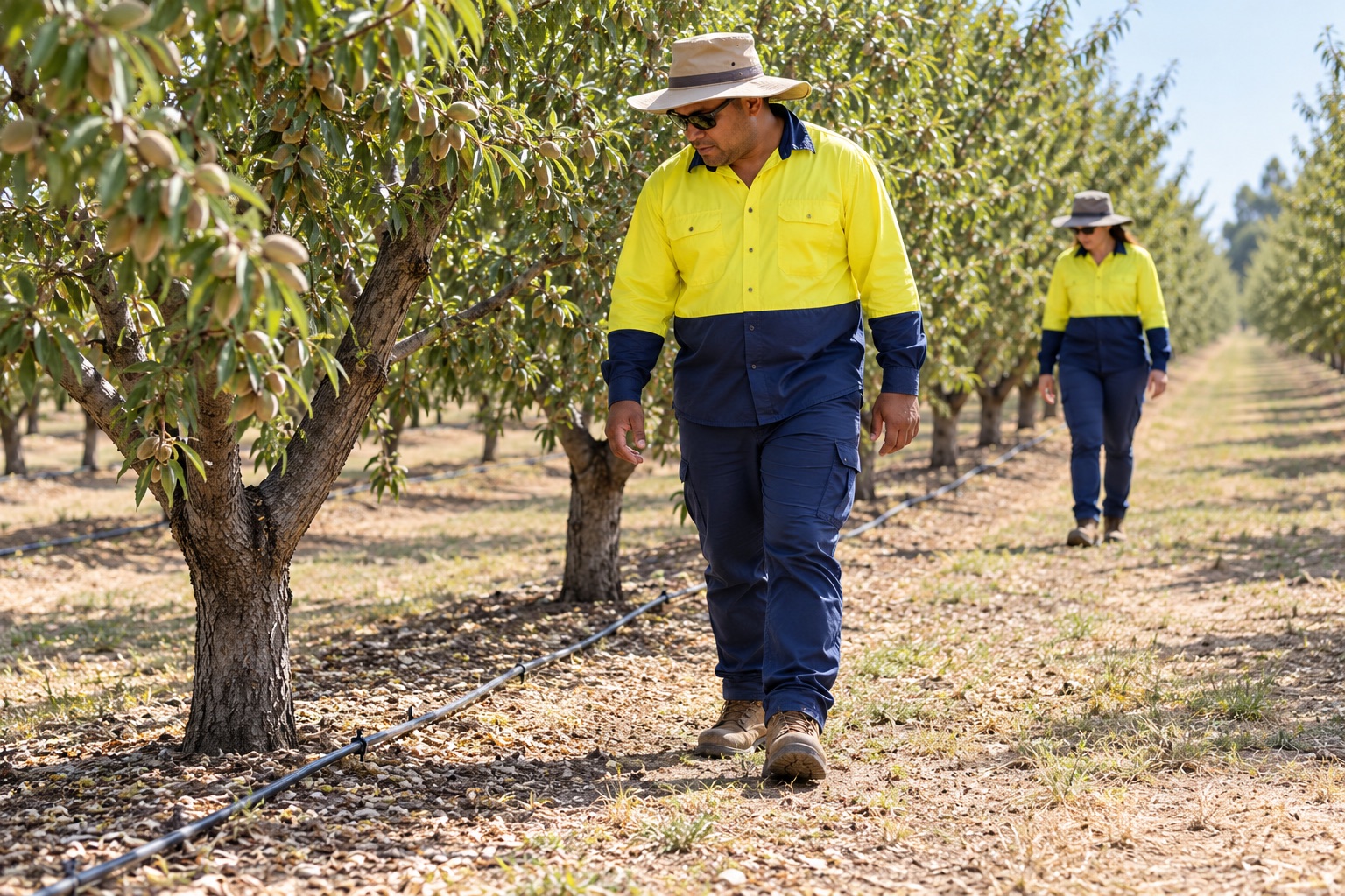 Two workers in sun hats and high-visibility clothing walk beside a drip line in an almond orchard, looking for problems.