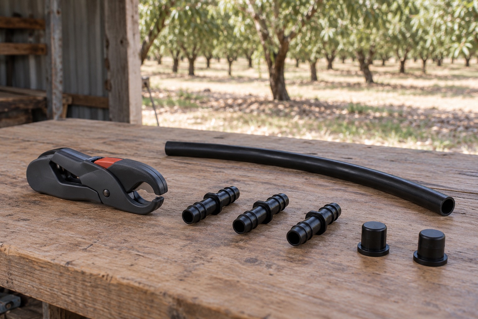 A closed tubing cutter, loose black joiners, end plugs and spare drip line laid separately on a workbench.