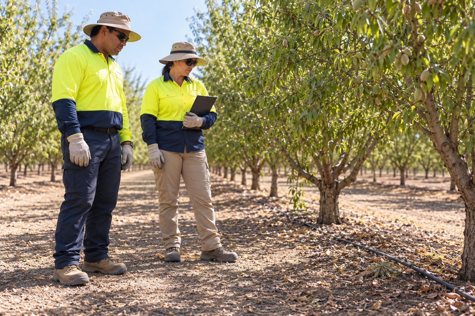 A worker and supervisor wearing gloves stand beside an almond row and look at the orchard ground without touching soil or equipment.
