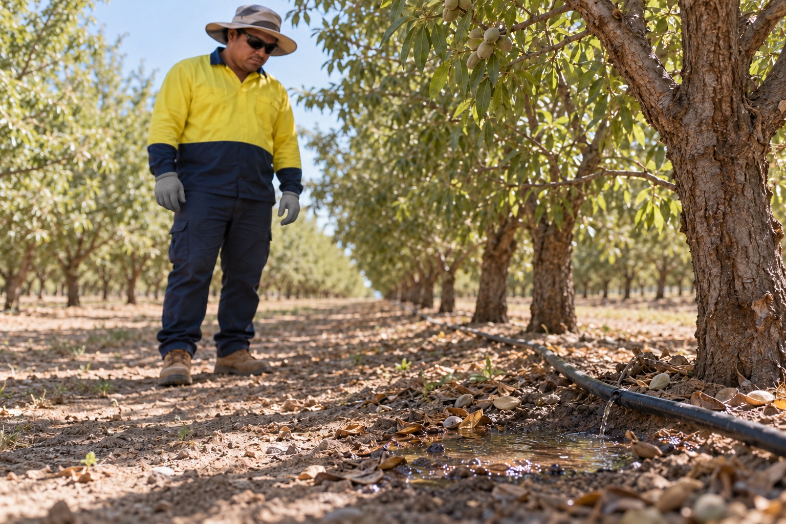 A gloved worker stands on dry ground and observes a drip-line leak and wet patch without touching the pipe.