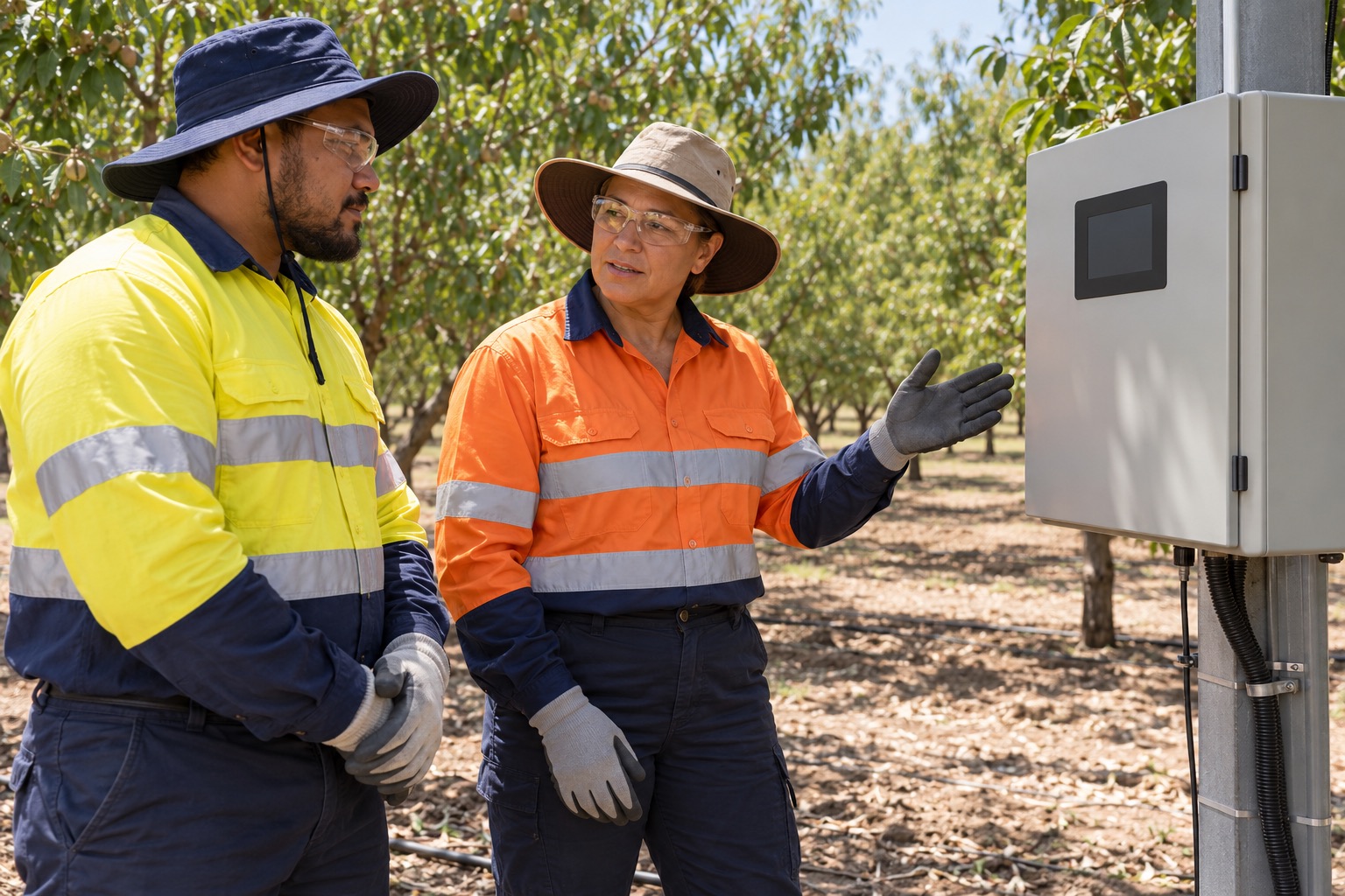 A supervisor gestures beside a closed irrigation controller while a worker listens; both wear gloves and clear eye protection and leave the controls untouched.