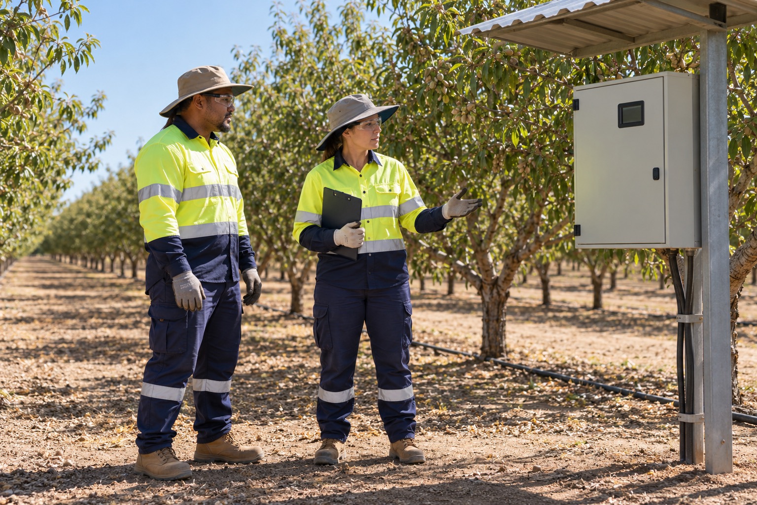A worker and supervisor wearing gloves and clear protective glasses discuss a closed irrigation-control cabinet beside an almond orchard.