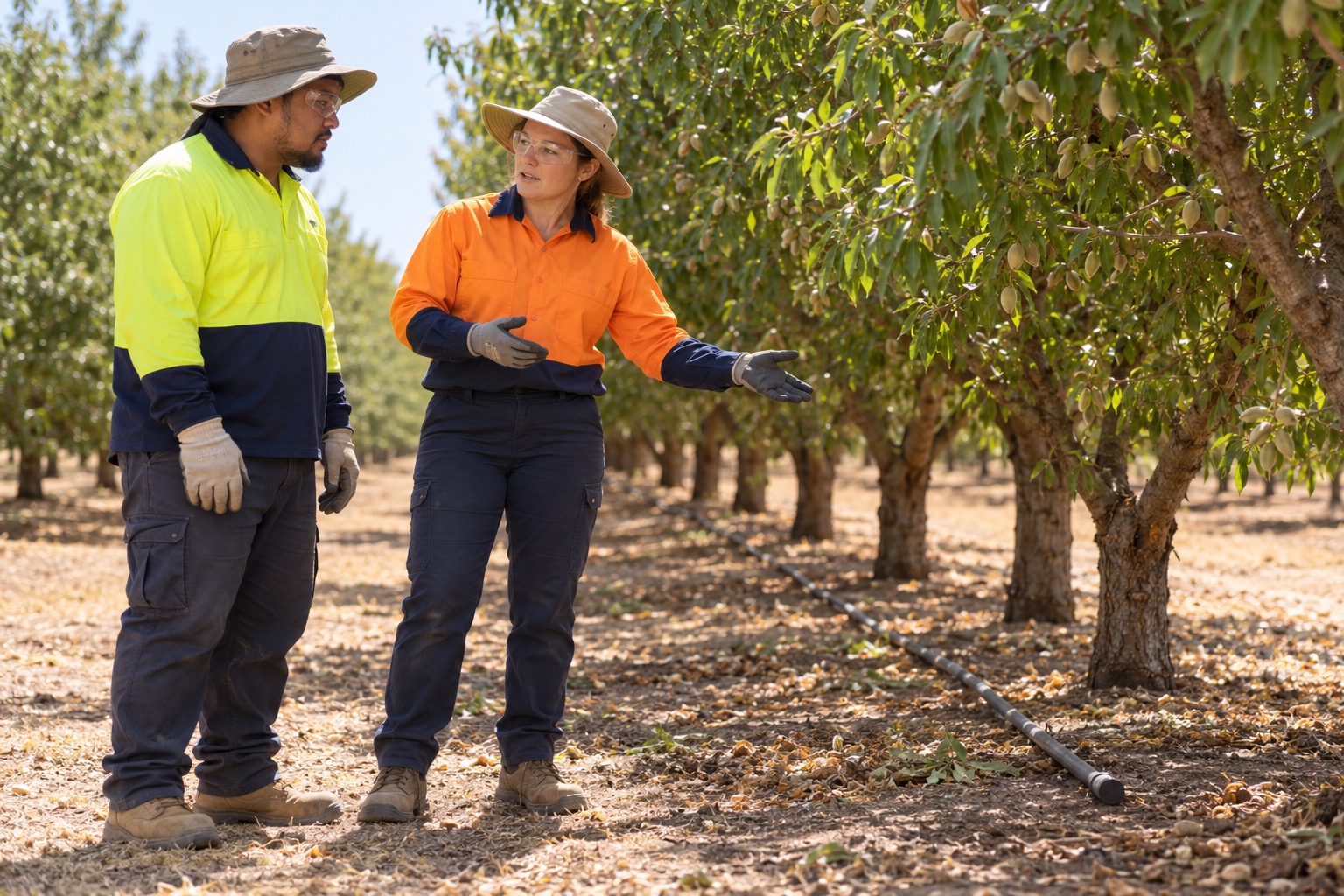 A worker and supervisor wearing gloves and clear protective glasses discuss a closed, capped irrigation line from beside it; neither touches the line.
