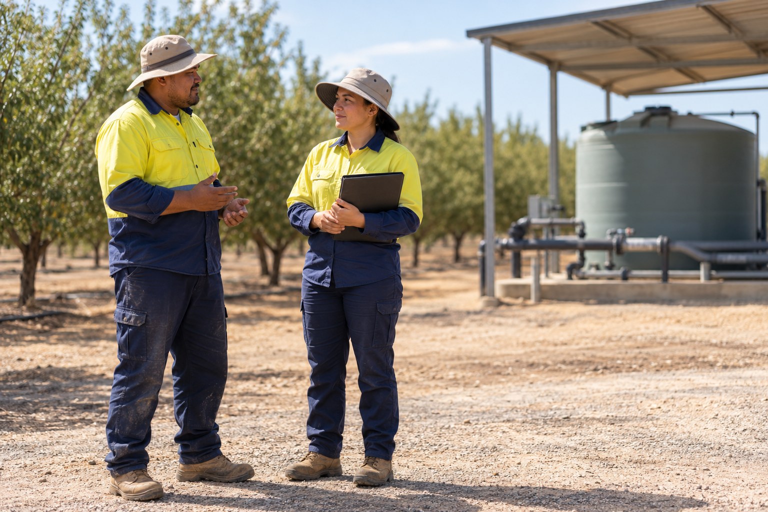 A worker and supervisor discuss the job in an orchard-side briefing area, with a closed tank and pipework in the background.
