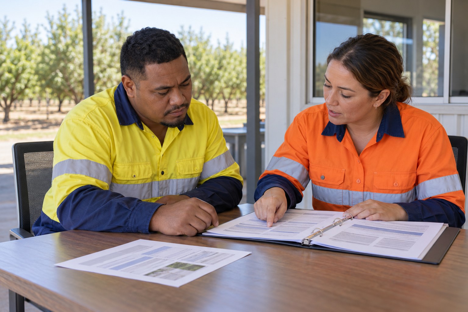 A supervisor and worker review printed safety information at a clean table.