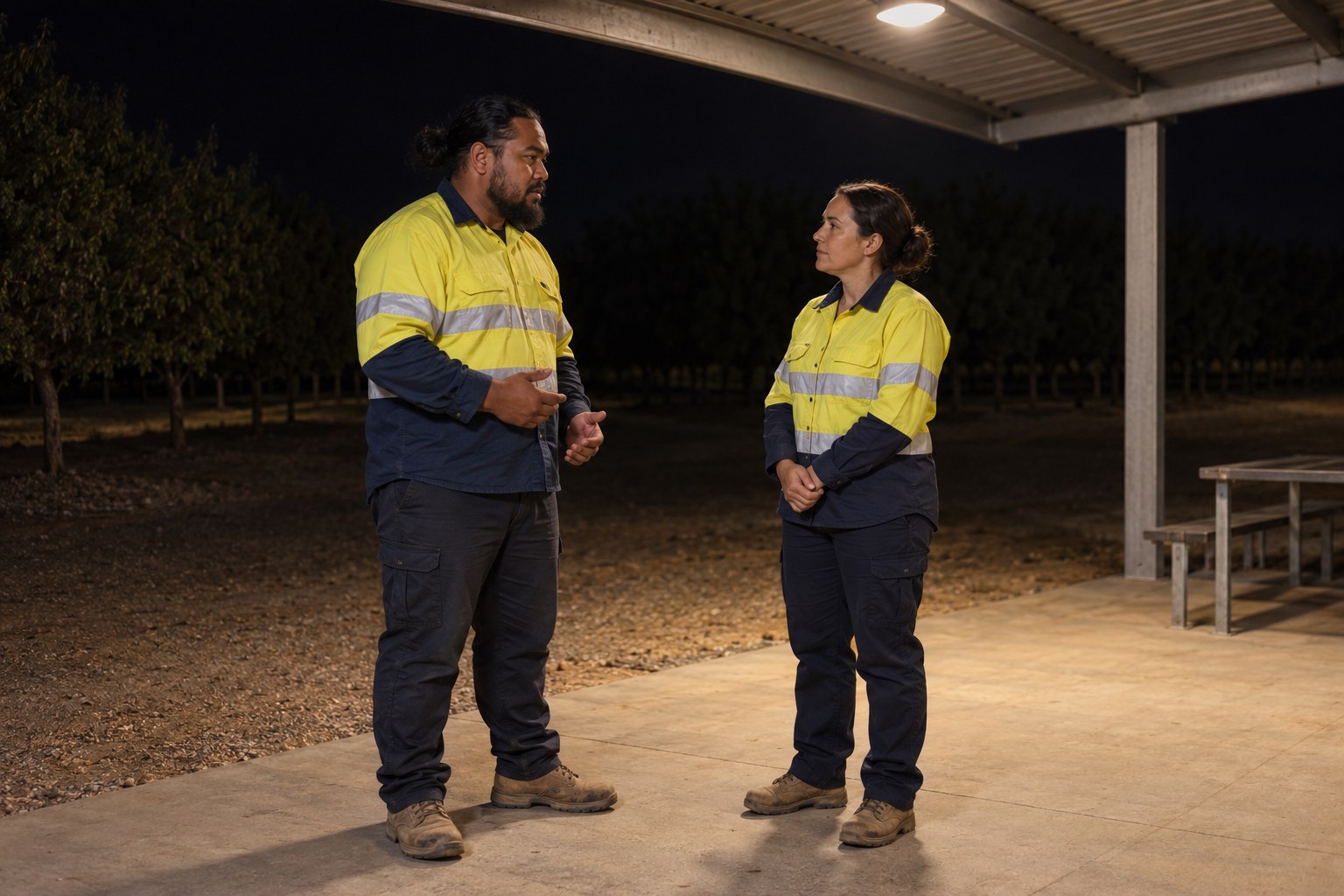 A worker talks with a supervisor in a lit shelter beside a dark orchard at night.